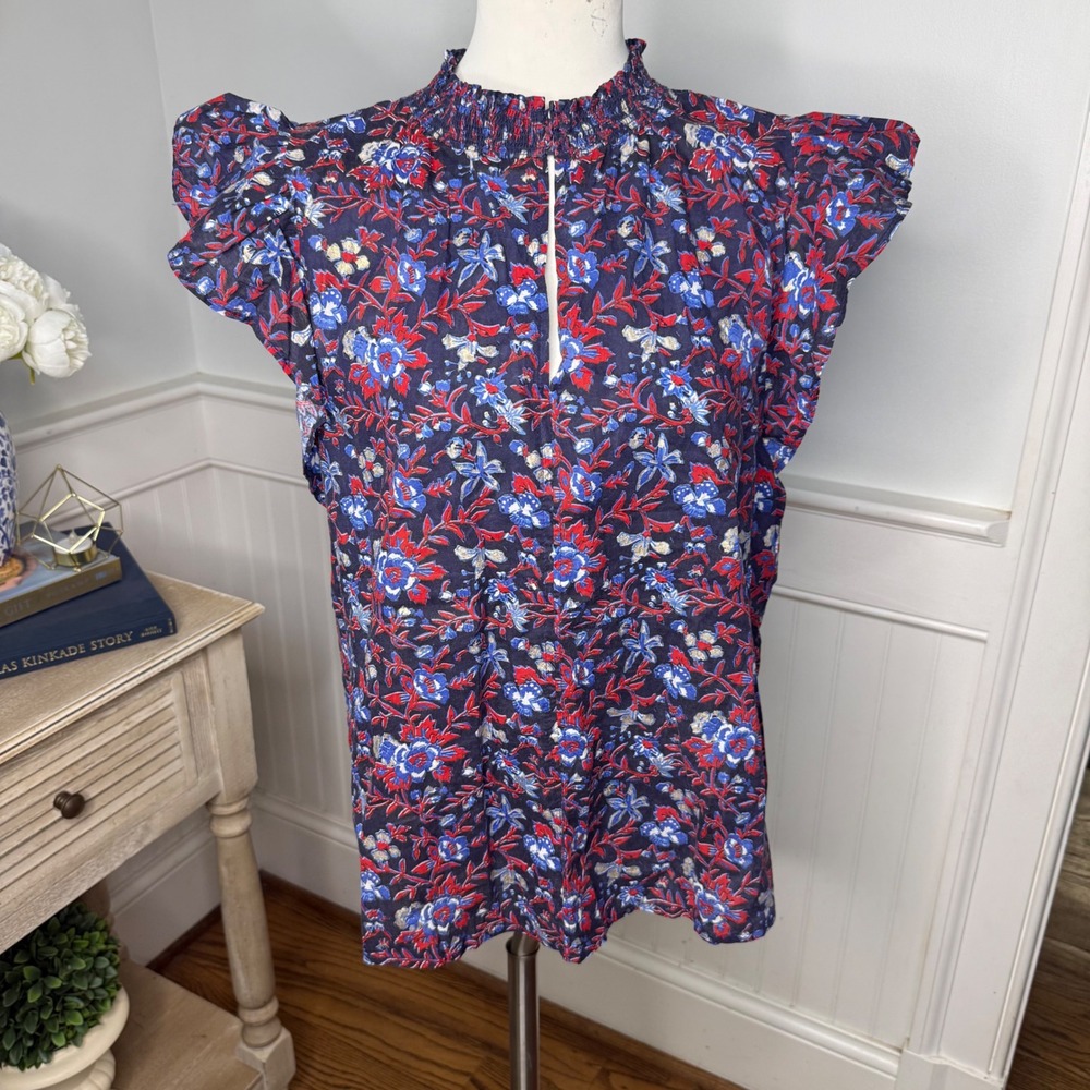 Jude Connally Floral Smocked Neck Flutter Sleeve Top Navy Red Blue Large